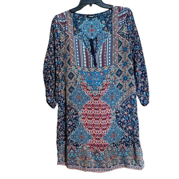 Tolani Shift Dress Small Multicolor Paisley Print Boho Silk Ruched Sleeves - Picture 1 of 9